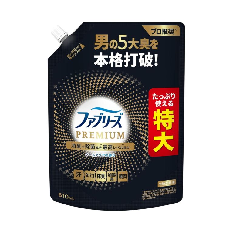 【40%OFF+10%OFF】【734円】 ファブリーズ 消臭スプレー PREMIUM 消臭＋除菌成分最高レベル配合 衣類・布製品用消臭剤 クールアクアの香り 詰め替え 特大 610mL